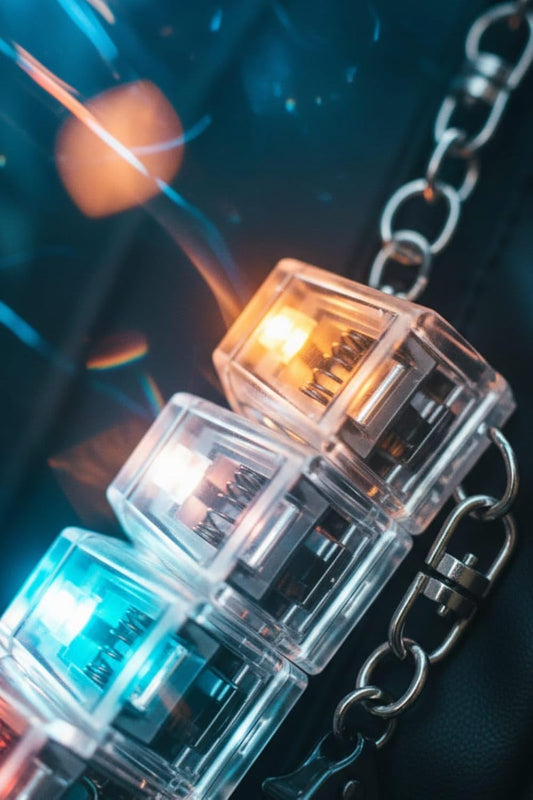 Işıklı Mekanik Klavye Tuşlu Anahtarlık, Stres Azaltıcı Click Sesli, Şeffaf Tasarım, Çok Renkli LED, Fidget Oyuncağı