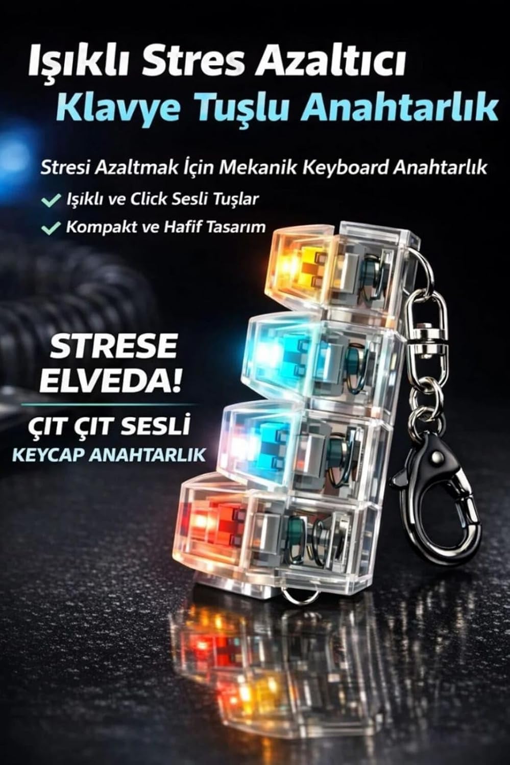Işıklı Mekanik Klavye Tuşlu Anahtarlık, Stres Azaltıcı Click Sesli, Şeffaf Tasarım, Çok Renkli LED, Fidget Oyuncağı